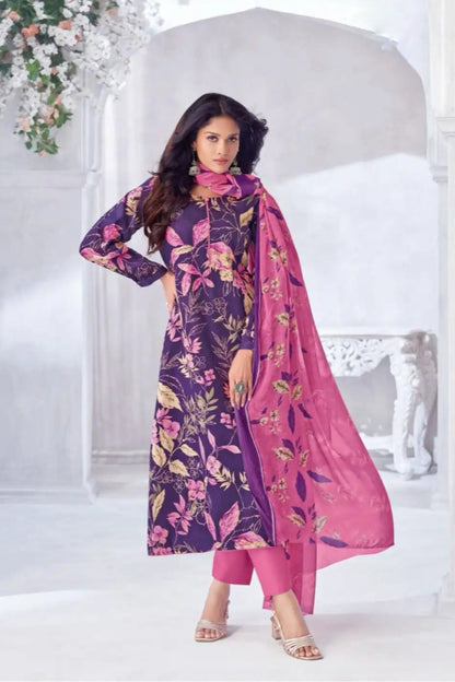 Purple cotton outfit with a rich and graceful appeal, ideal for festive gatherings, casual outings, and elegant daytime wear.
