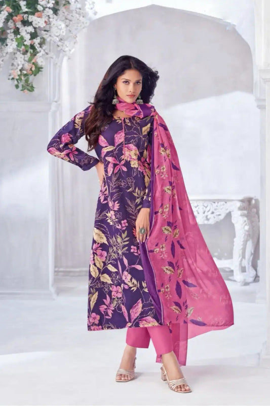 Purple cotton outfit with a rich and graceful appeal, ideal for festive gatherings, casual outings, and elegant daytime wear.
