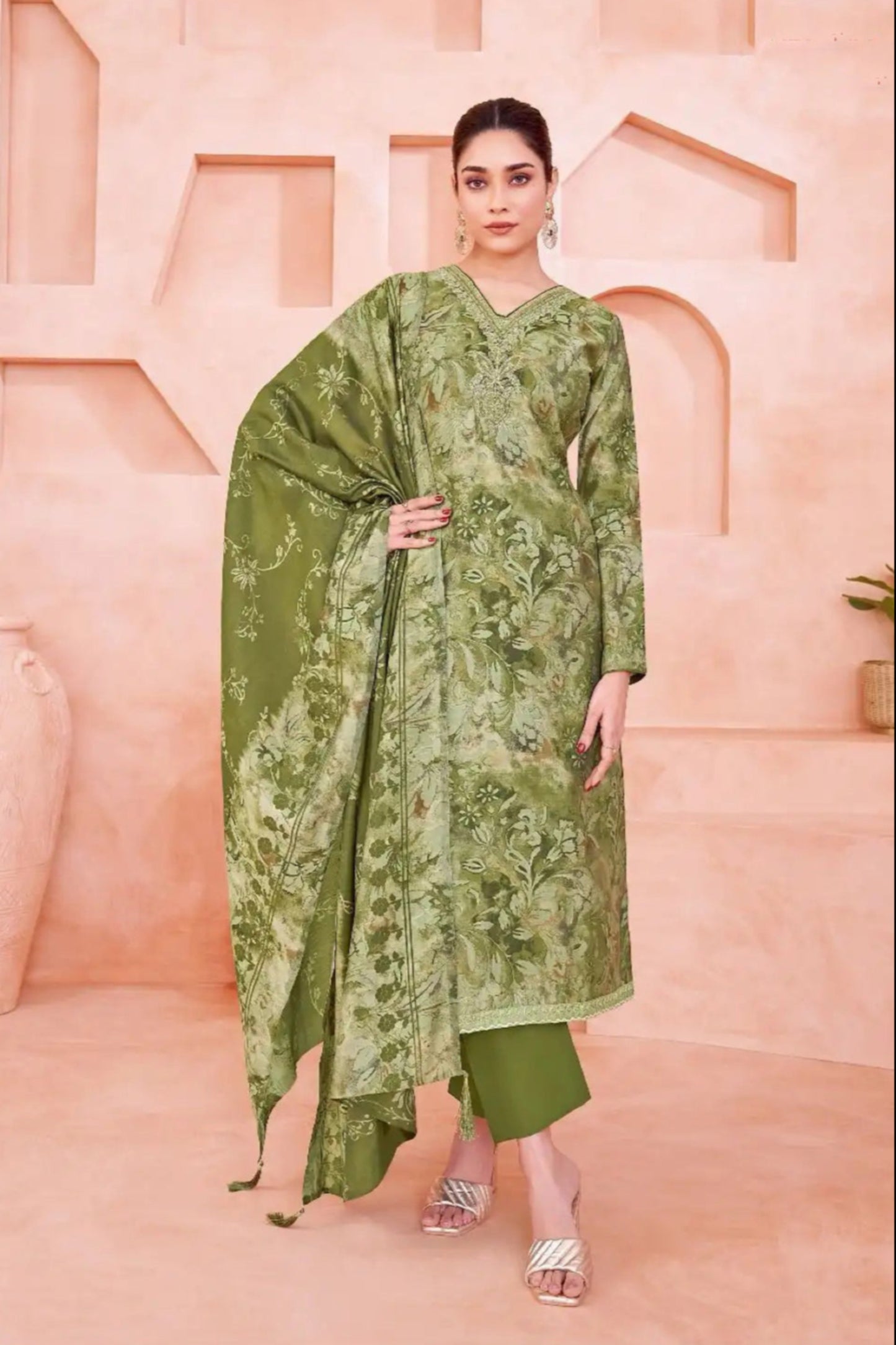 Olive green cotton outfit with a natural and elegant vibe, ideal for daily wear, festive mornings, and relaxed gatherings.
