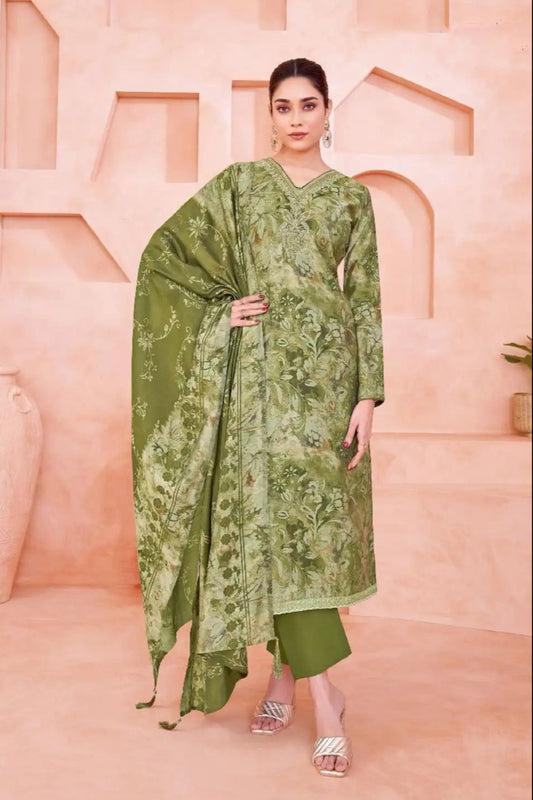 Olive green cotton outfit with a natural and elegant vibe, ideal for daily wear, festive mornings, and relaxed gatherings.
