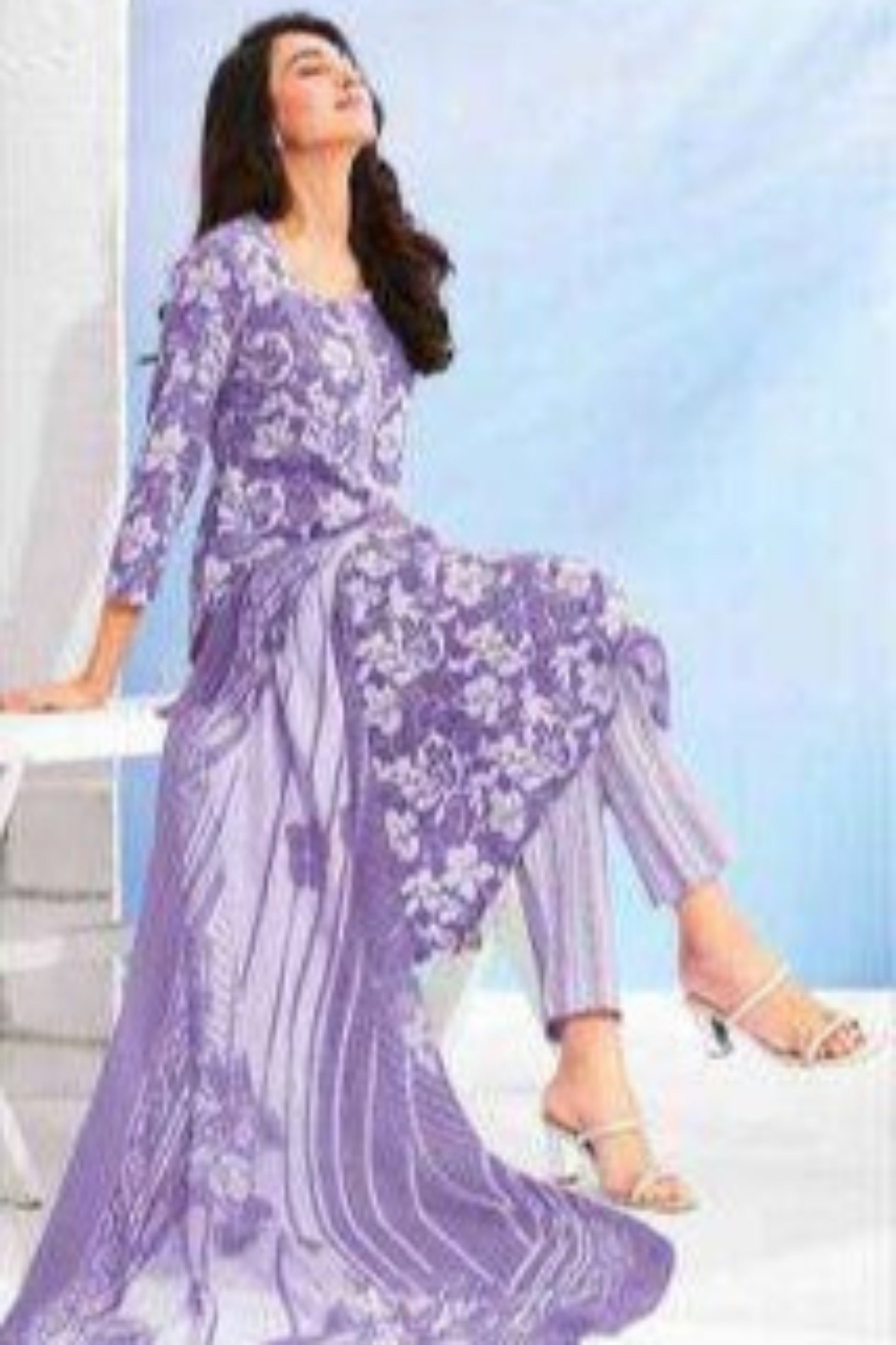 Lavender cotton outfit with a soft and soothing appeal, perfect for casual days, summer outings, and light festive occasions.
