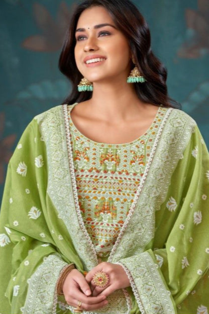 Pistachio green cotton outfit with a fresh and soothing feel, perfect for everyday wear, summer outings, and festive mornings.
