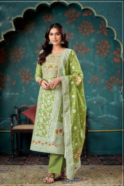Pistachio green cotton outfit with a fresh and soothing feel, perfect for everyday wear, summer outings, and festive mornings.
