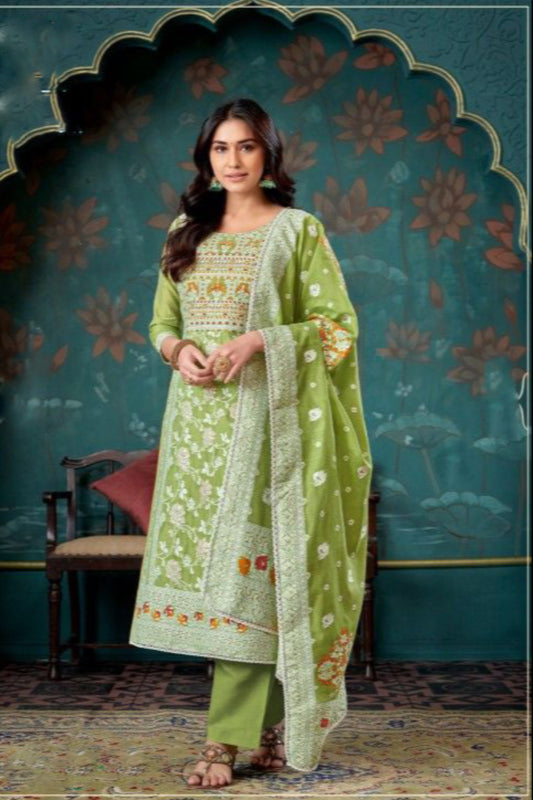 Pistachio green cotton outfit with a fresh and soothing feel, perfect for everyday wear, summer outings, and festive mornings.
