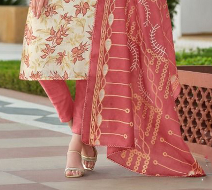 Off-white and pink cotton outfit with a soft, elegant touch, perfect for casual days, festive mornings, and summer events.
