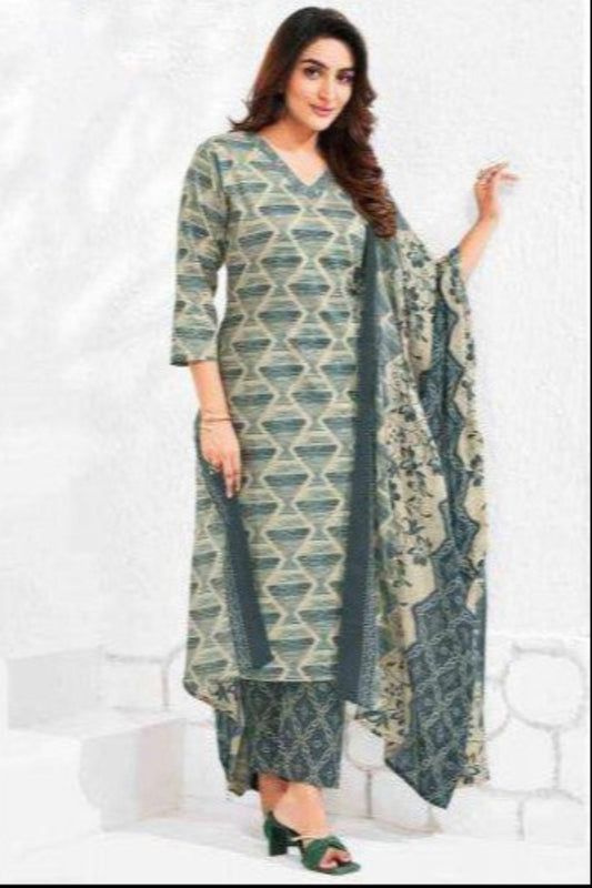Teal green cotton outfit with a refreshing and earthy tone, ideal for daytime gatherings, festive moments, and relaxed everyday wear.

