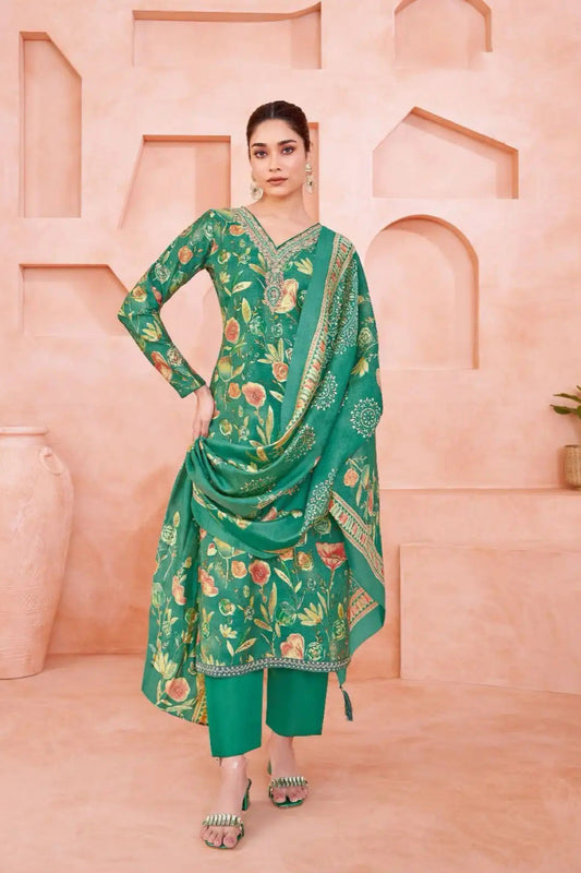 Green cotton outfit with a fresh and lively feel, perfect for everyday comfort, festive celebrations, and outdoor gatherings.
