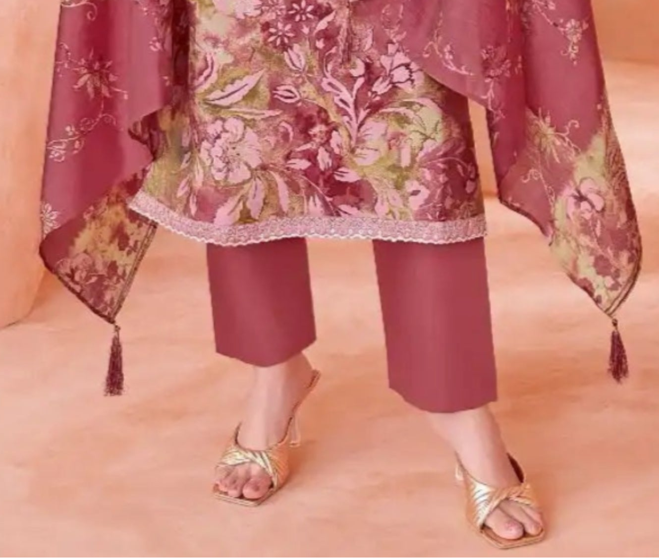 Rose gold cotton outfit with a subtle shimmer and elegant charm, ideal for festive mornings, special occasions, and stylish daywear.
