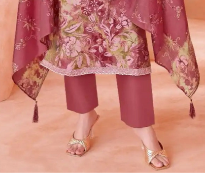 Rose gold cotton outfit with a subtle shimmer and elegant charm, ideal for festive mornings, special occasions, and stylish daywear.
