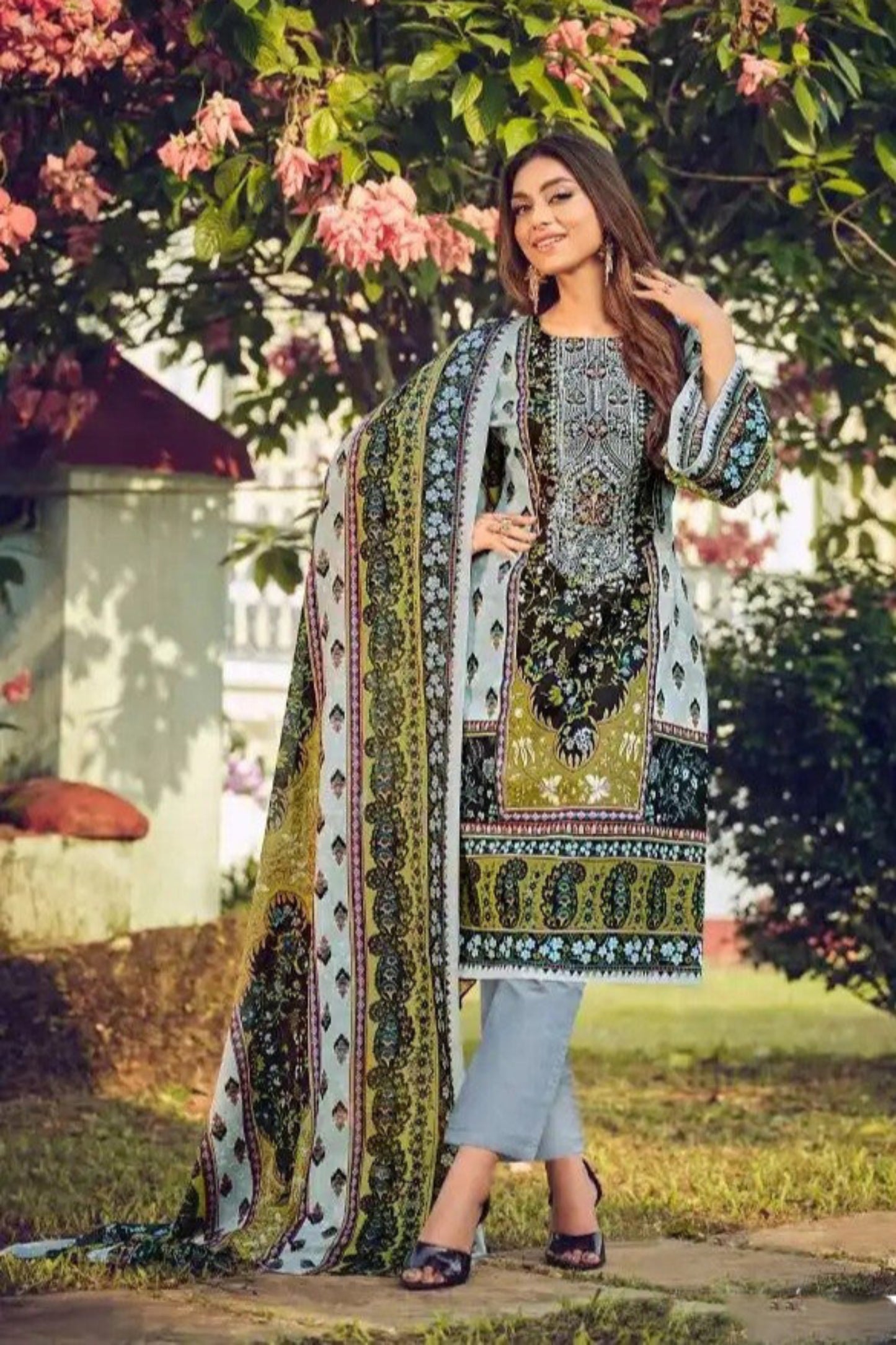 Steel blue cotton outfit with a calm and contemporary appeal, ideal for casual wear, office days, and relaxed festive occasions.

