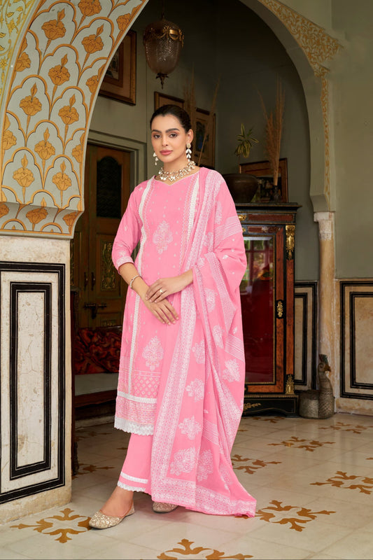 Pink colour cotton wear reflects softness and charm – perfect for graceful day functions.

