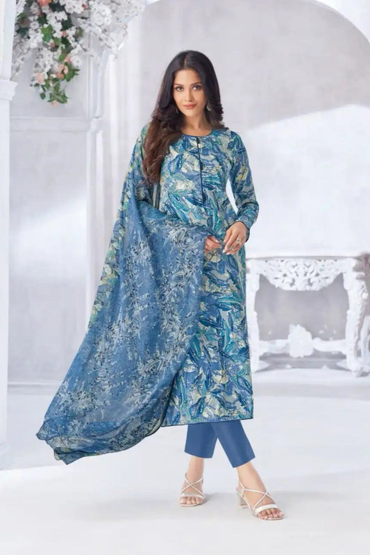 Steel blue cotton outfit with a modern and serene touch, perfect for office wear, casual gatherings, and understated festive looks.
