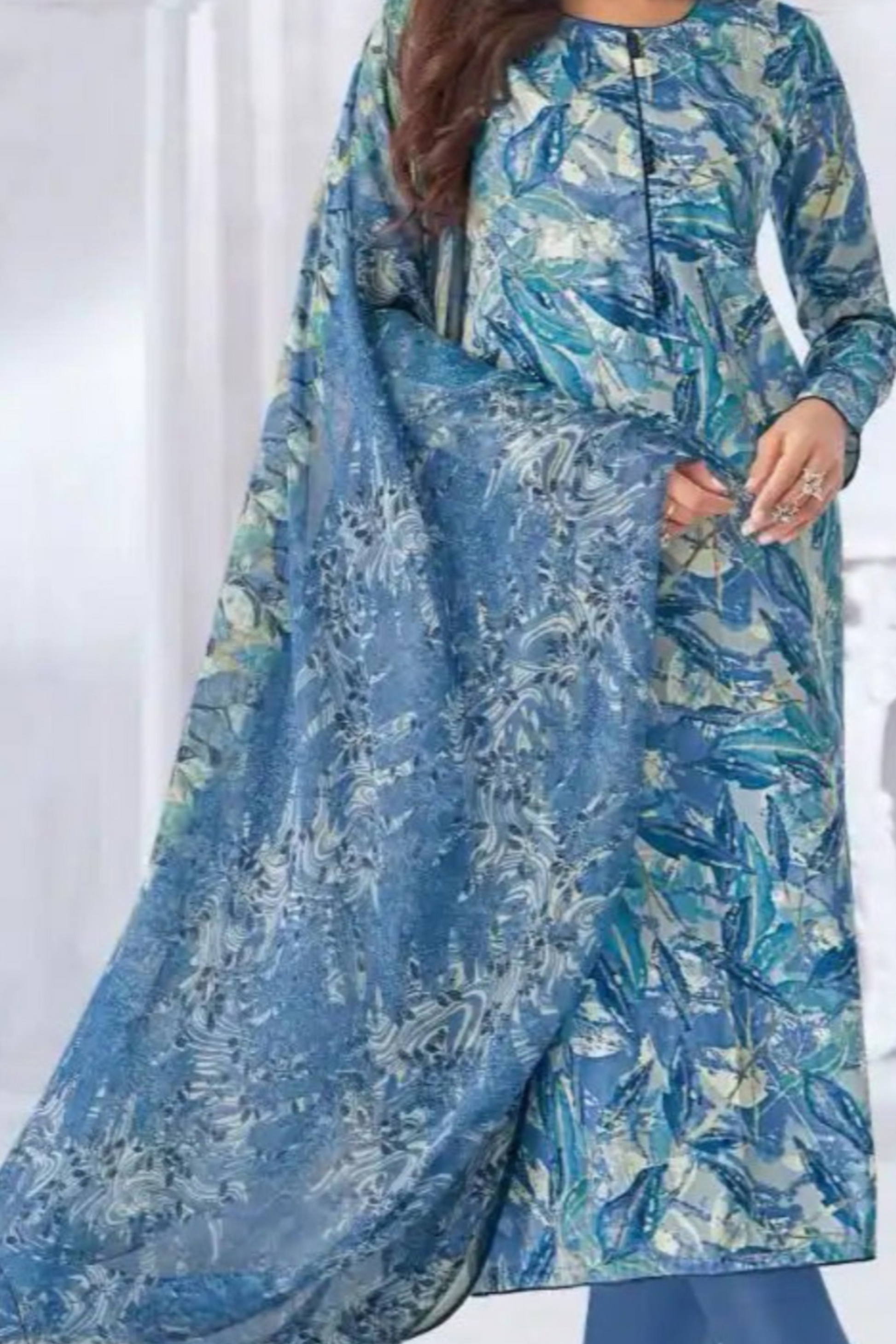 Steel blue cotton outfit with a modern and serene touch, perfect for office wear, casual gatherings, and understated festive looks.
