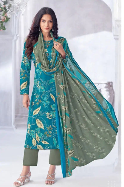 Teal blue cotton outfit with a cool and refreshing vibe, perfect for casual outings, festive mornings, and summer gatherings.
