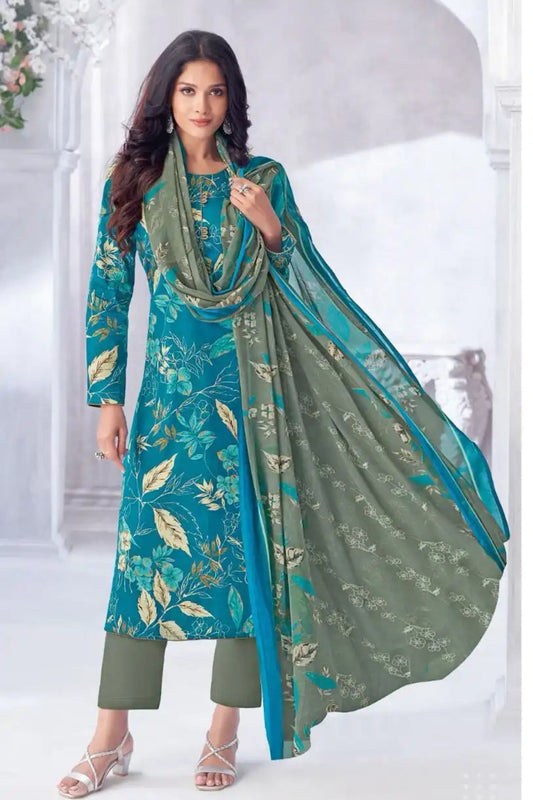 Teal blue cotton outfit with a cool and refreshing vibe, perfect for casual outings, festive mornings, and summer gatherings.
