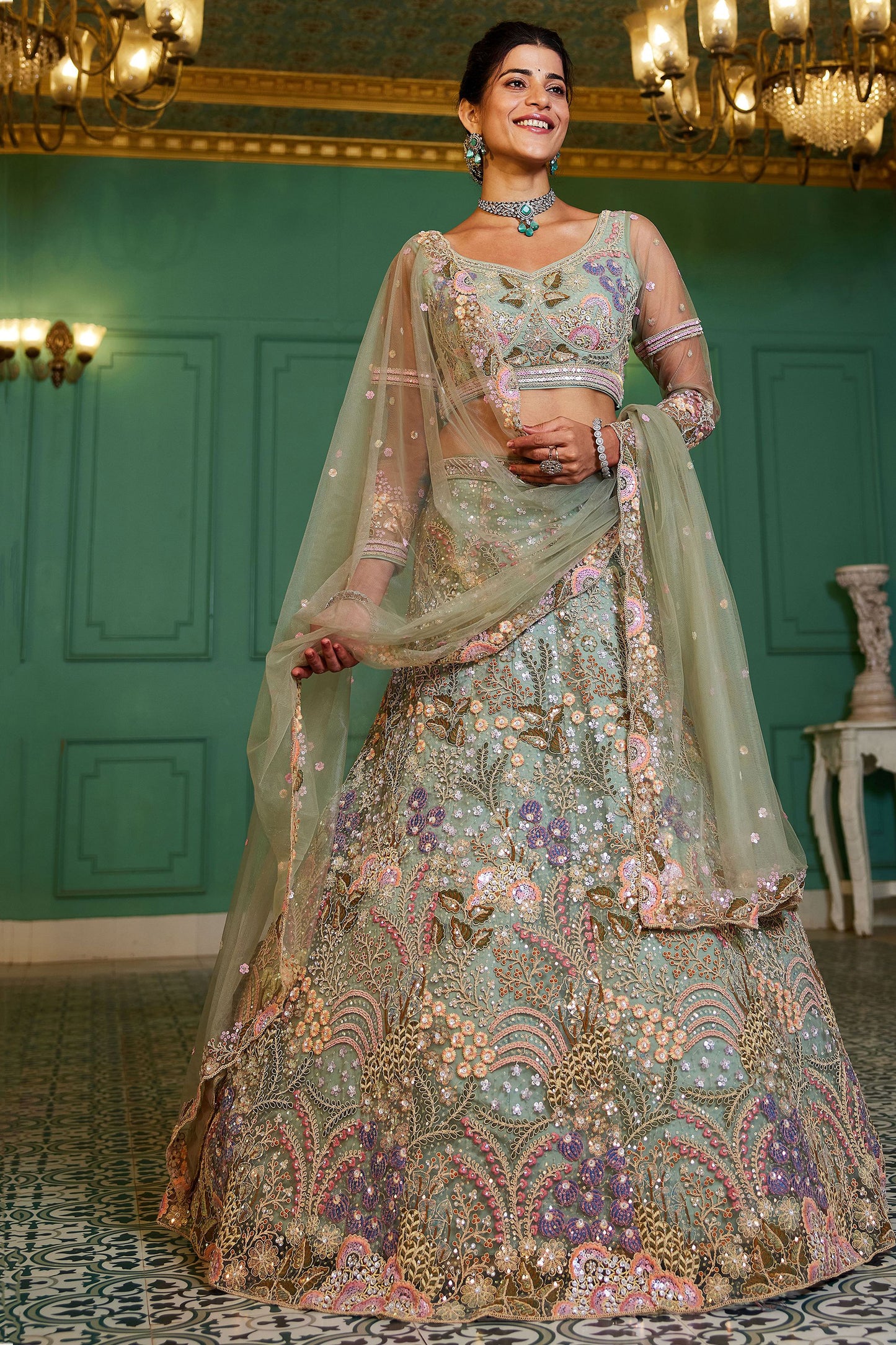 "Stylish lehengas for U.S.-based Indian functions."
