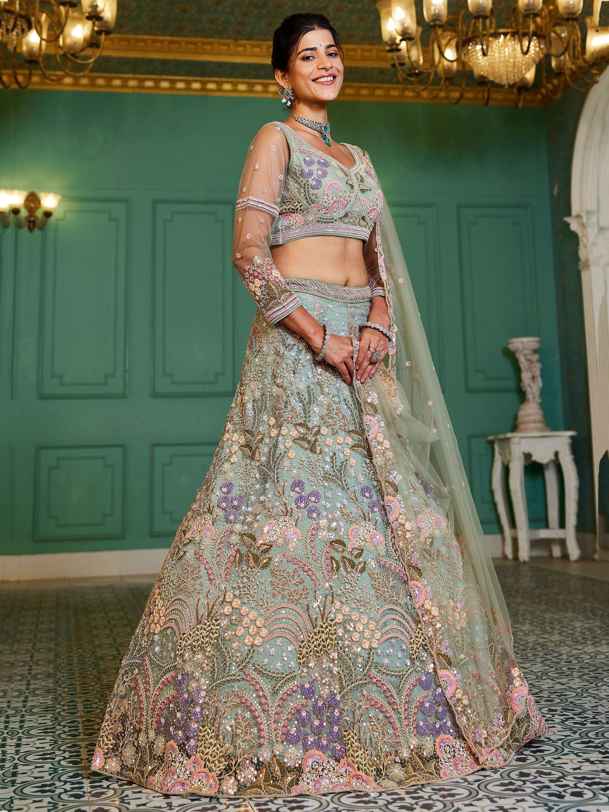 "Stylish lehengas for U.S.-based Indian functions."
