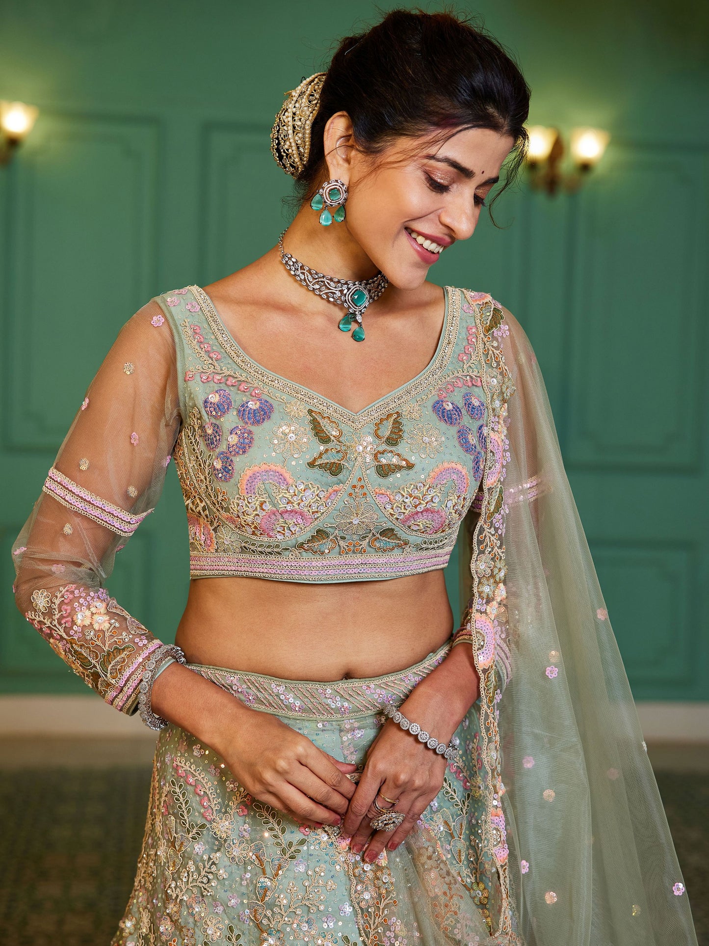 "Stylish lehengas for U.S.-based Indian functions."
