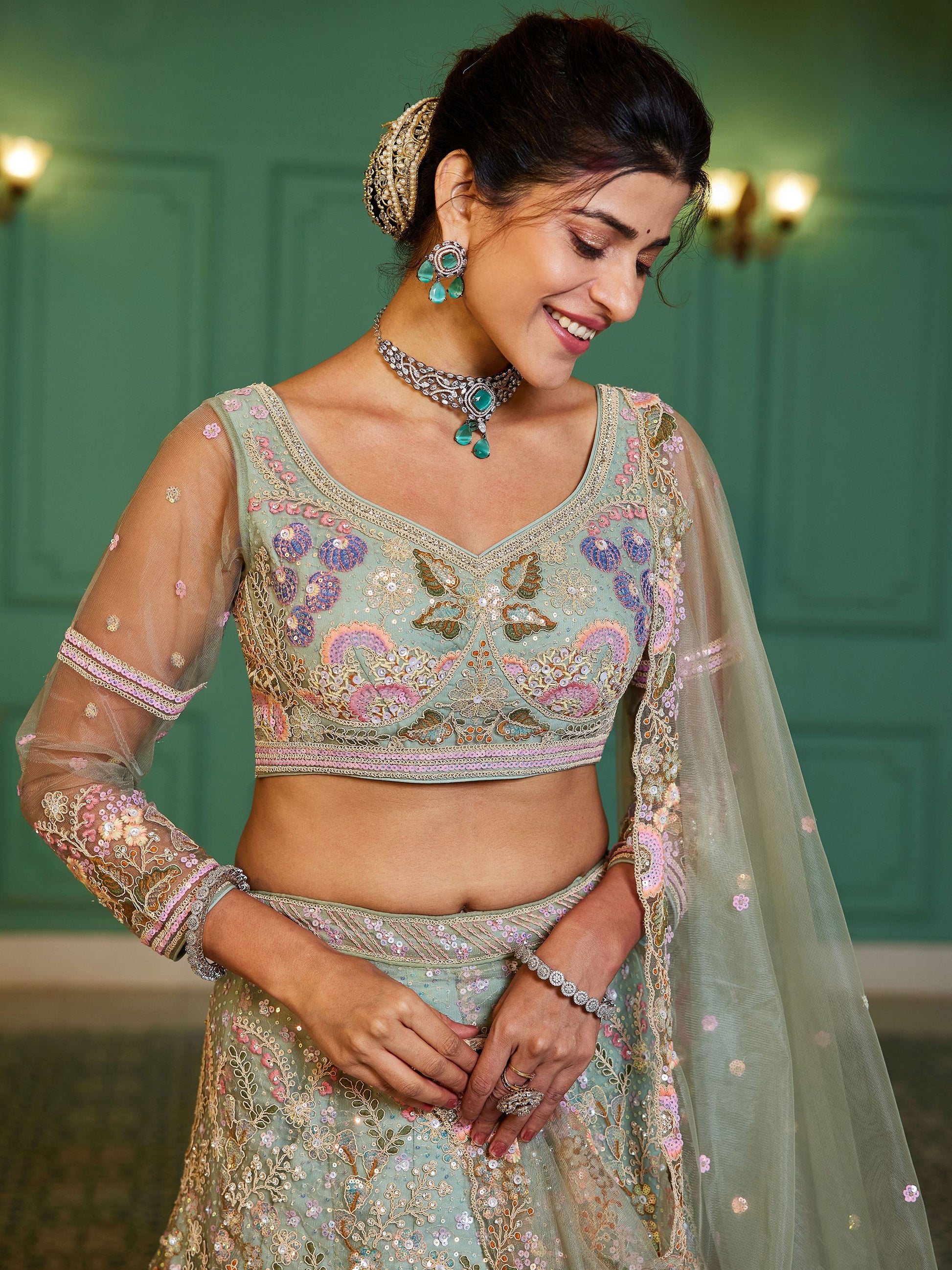 "Stylish lehengas for U.S.-based Indian functions."
