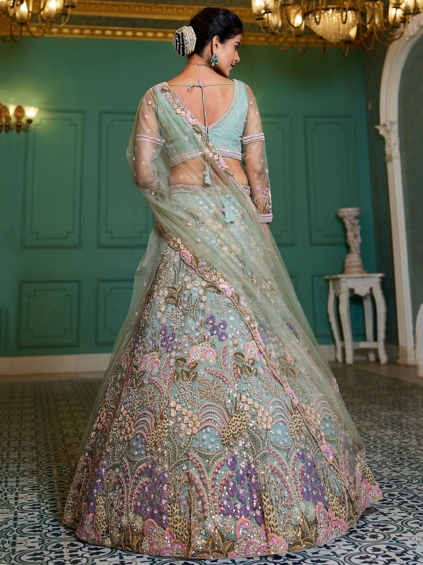 "Stylish lehengas for U.S.-based Indian functions."
