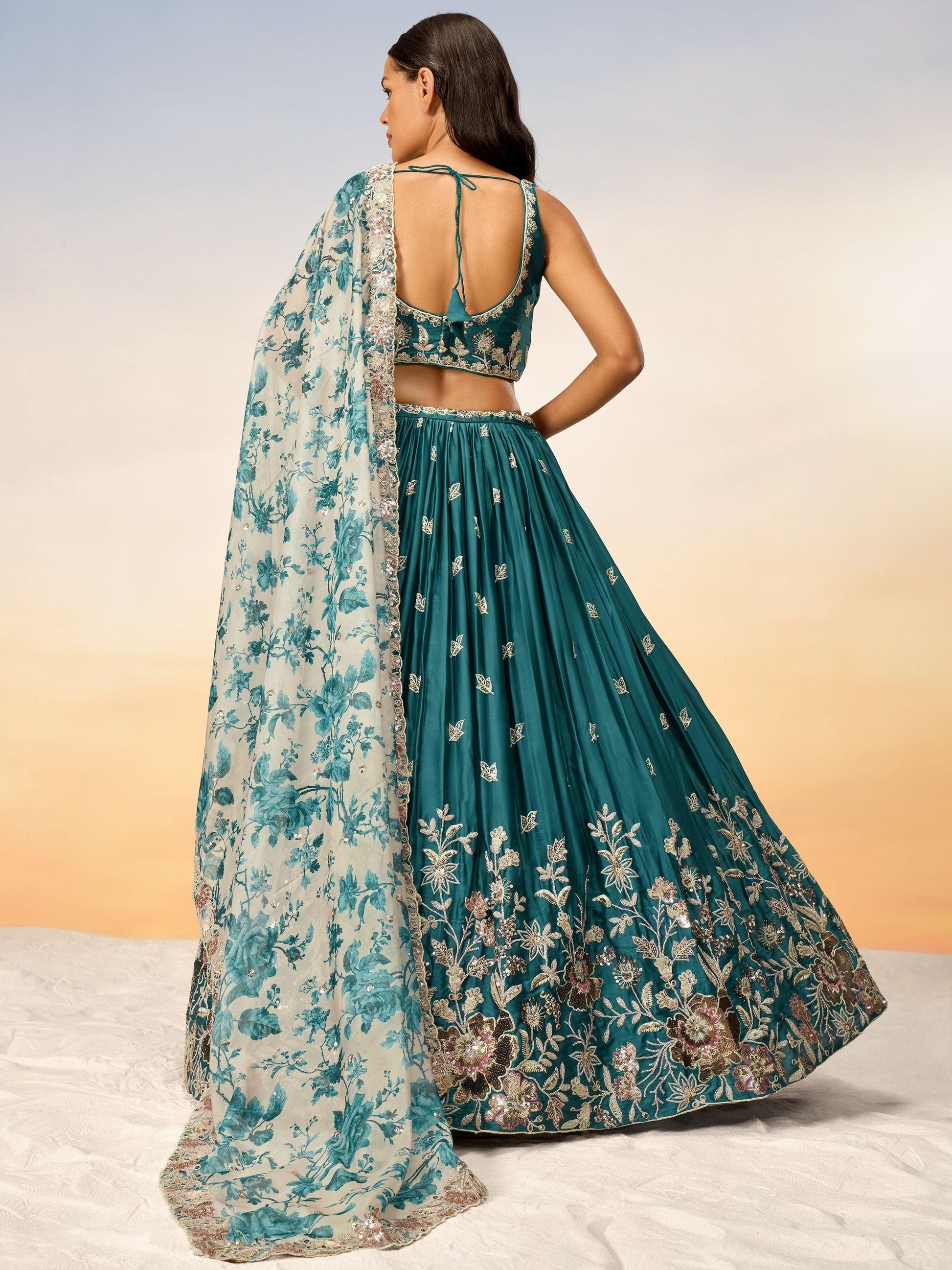 "Stylish lehengas for U.S.-based Indian functions."
