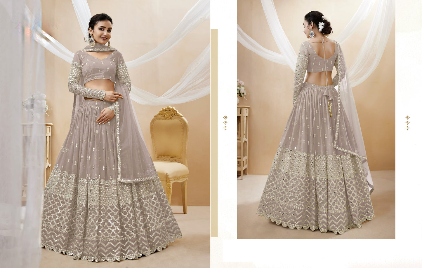 "Chic lehengas for Holi events in America."
