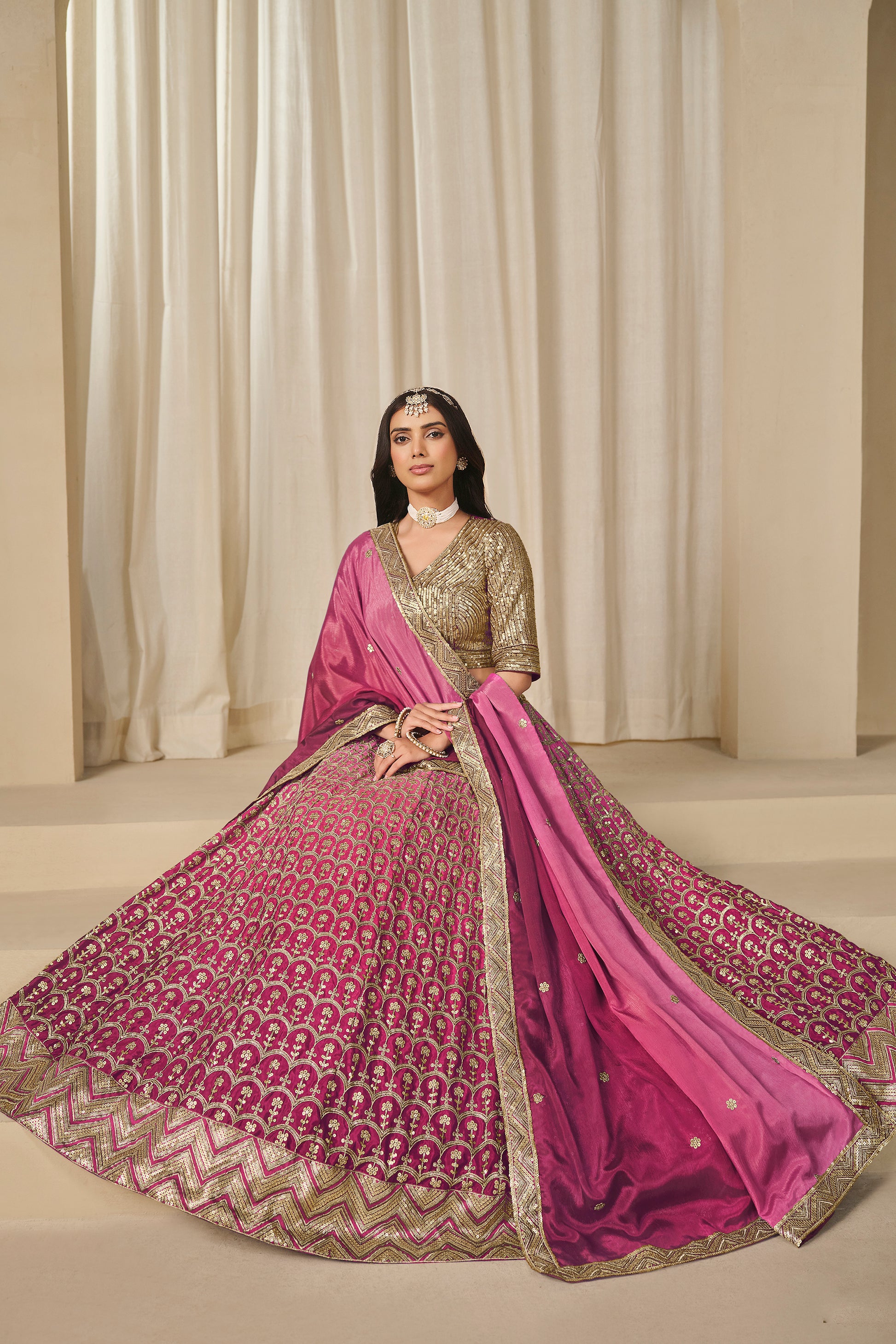 Elegant Pakistani Style Embroidered Work Chinon Silk Lehenga Choli
