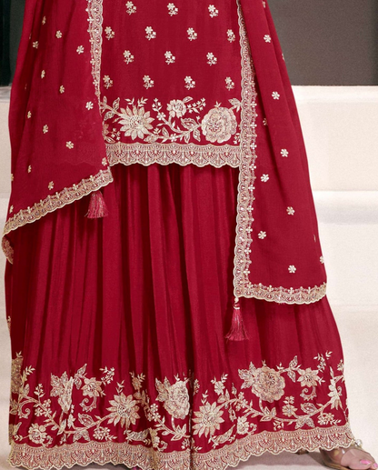 Designer Red Palazzo Dress With Dupatta - Indian Bridal Party Outfit USA