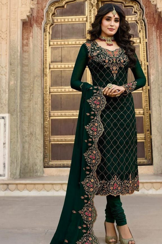 Dark Green Embroidered Bridal Linen Salwar Kameez For Comfort