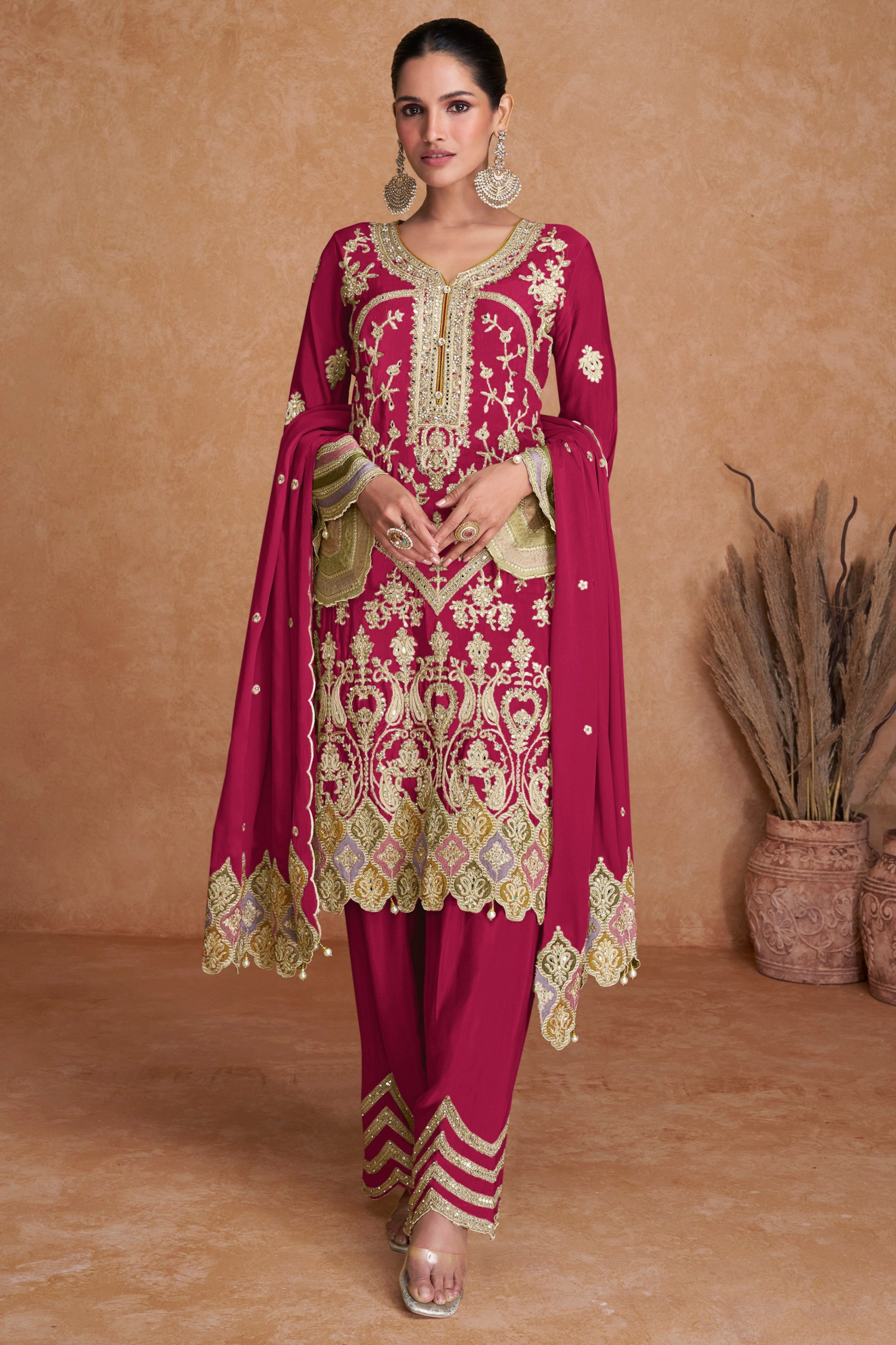 Dark Pink Embroidered Ready To Wear Designer Salwar Kameez For Sale