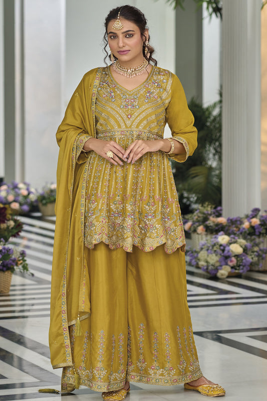 Pakistani Designer Dark Yellow Heavy Embroidered Palazzo Suit 