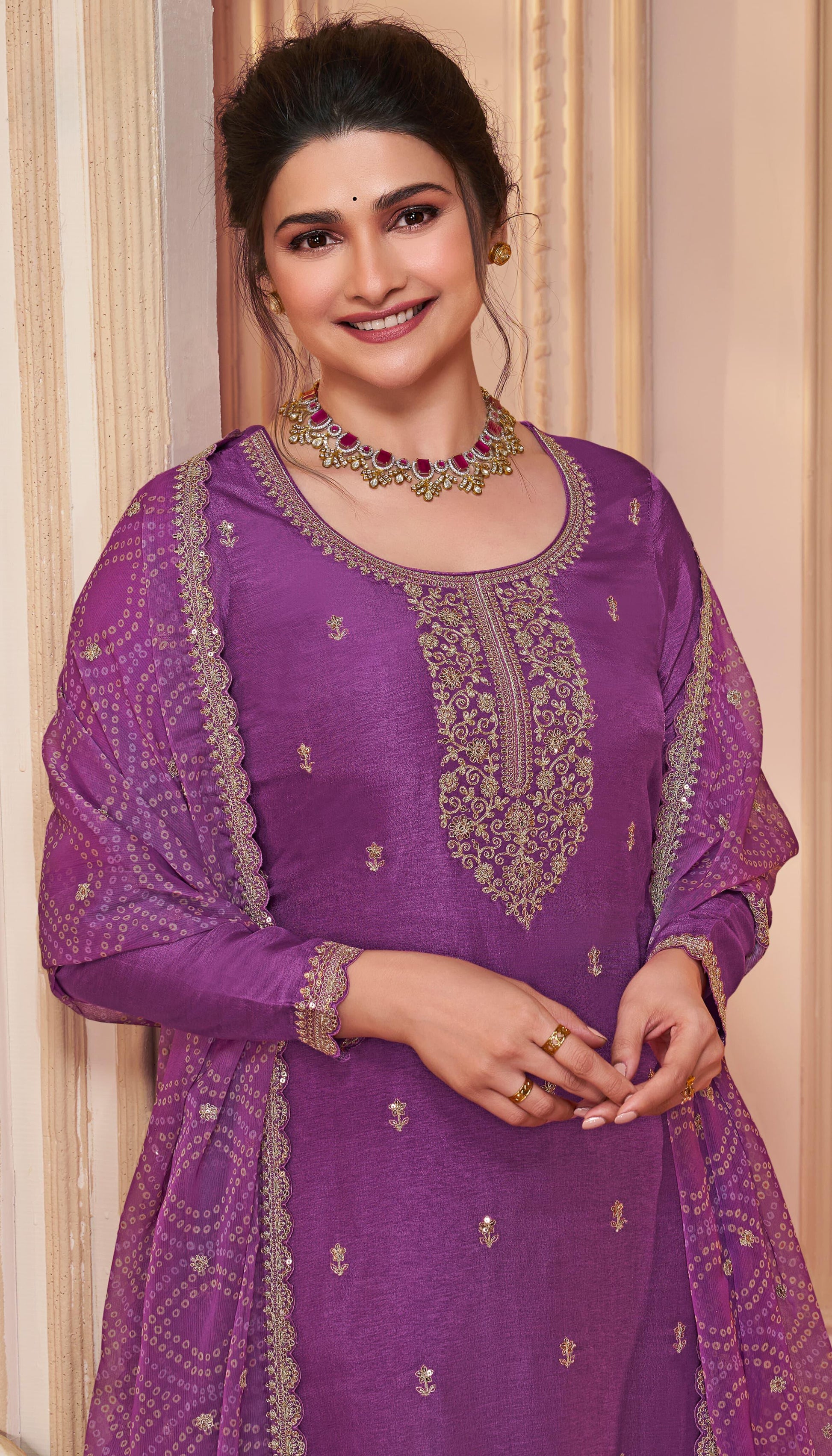 Purple Georgette Flared Salwar Kameez with Dupatta - Full Set