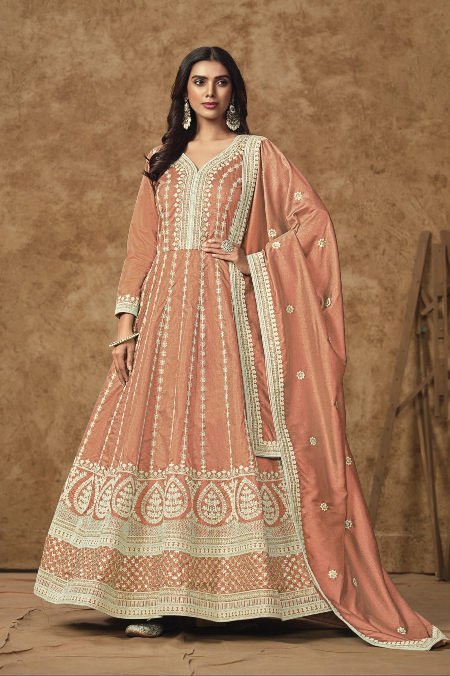 Luxury Peach Anarkali Gown Suit With Embroidery Work For Eid And Diwali Festival