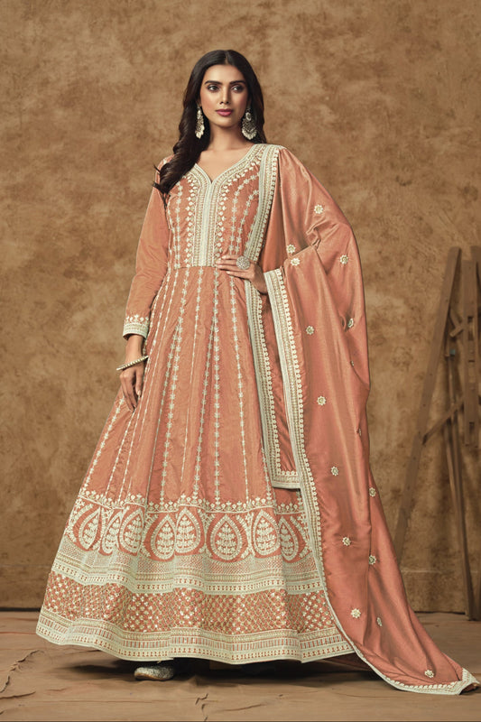 Luxury Peach Anarkali Gown Suit With Embroidery Work For Eid And Diwali Festival