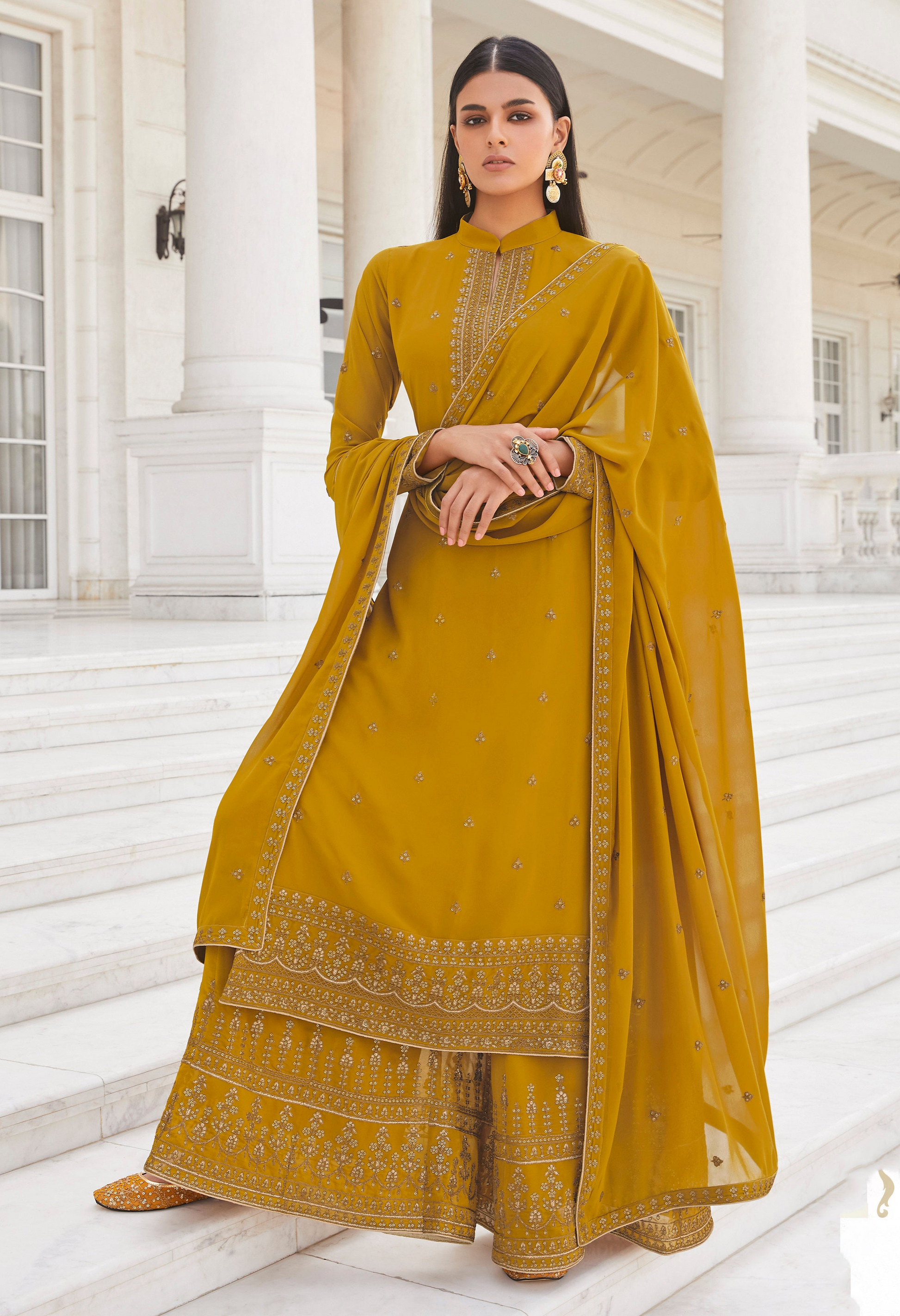 Mustard Yellow Georgette Palazzo Suit - Indian Ethnic Wear For Wedding Guest