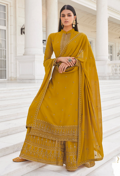 Mustard Yellow Georgette Palazzo Suit - Indian Ethnic Wear For Wedding Guest