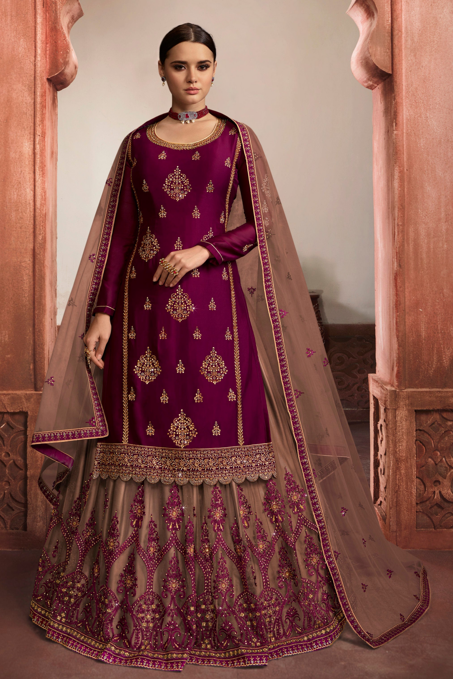 Wine Color Embroidered Salwar Kameez With Net Dupatta For Weddings - Front View