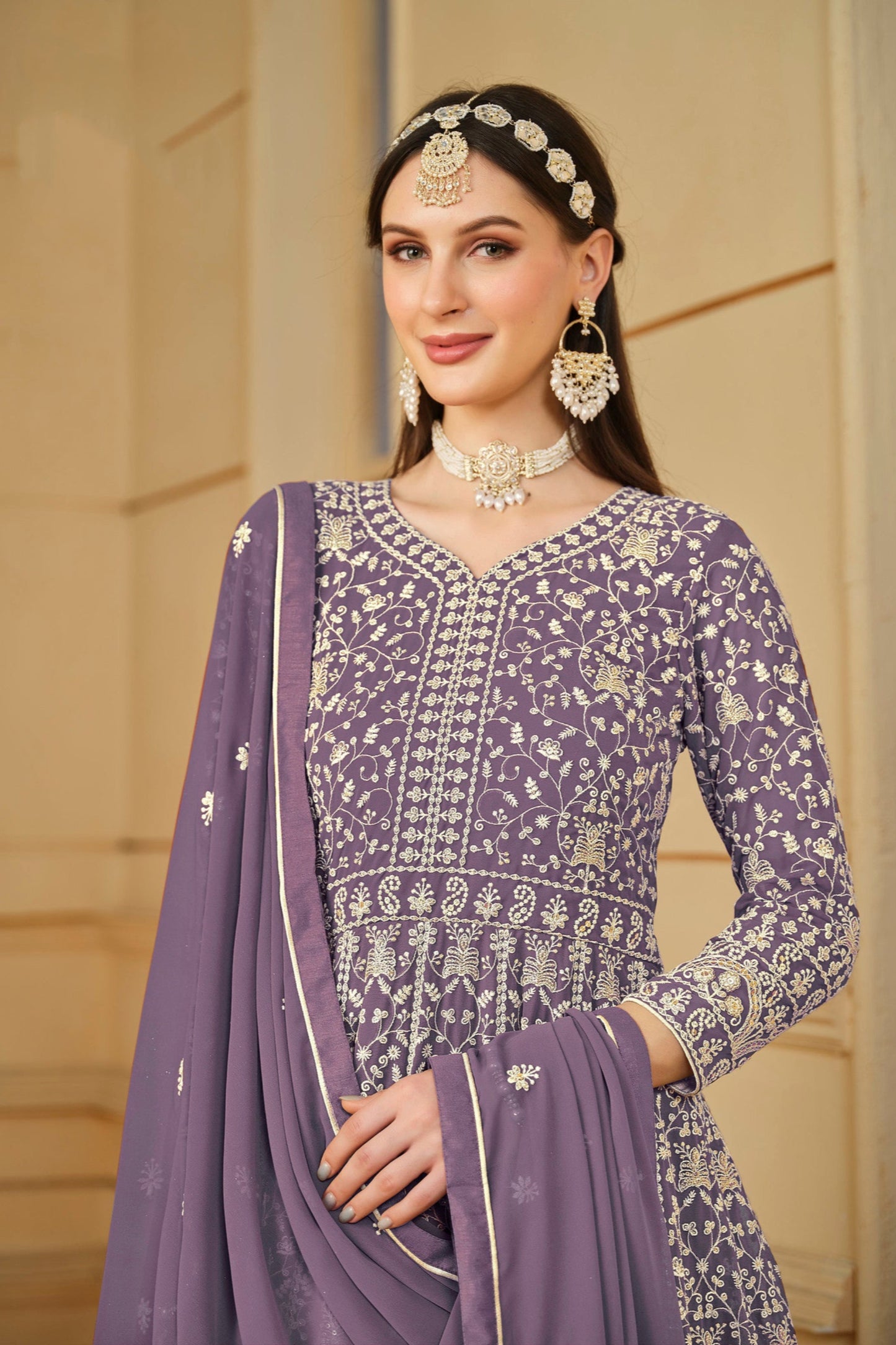 Designer Purple Anarkali Gown For Wedding Ceremonies - Side View With Dupatta