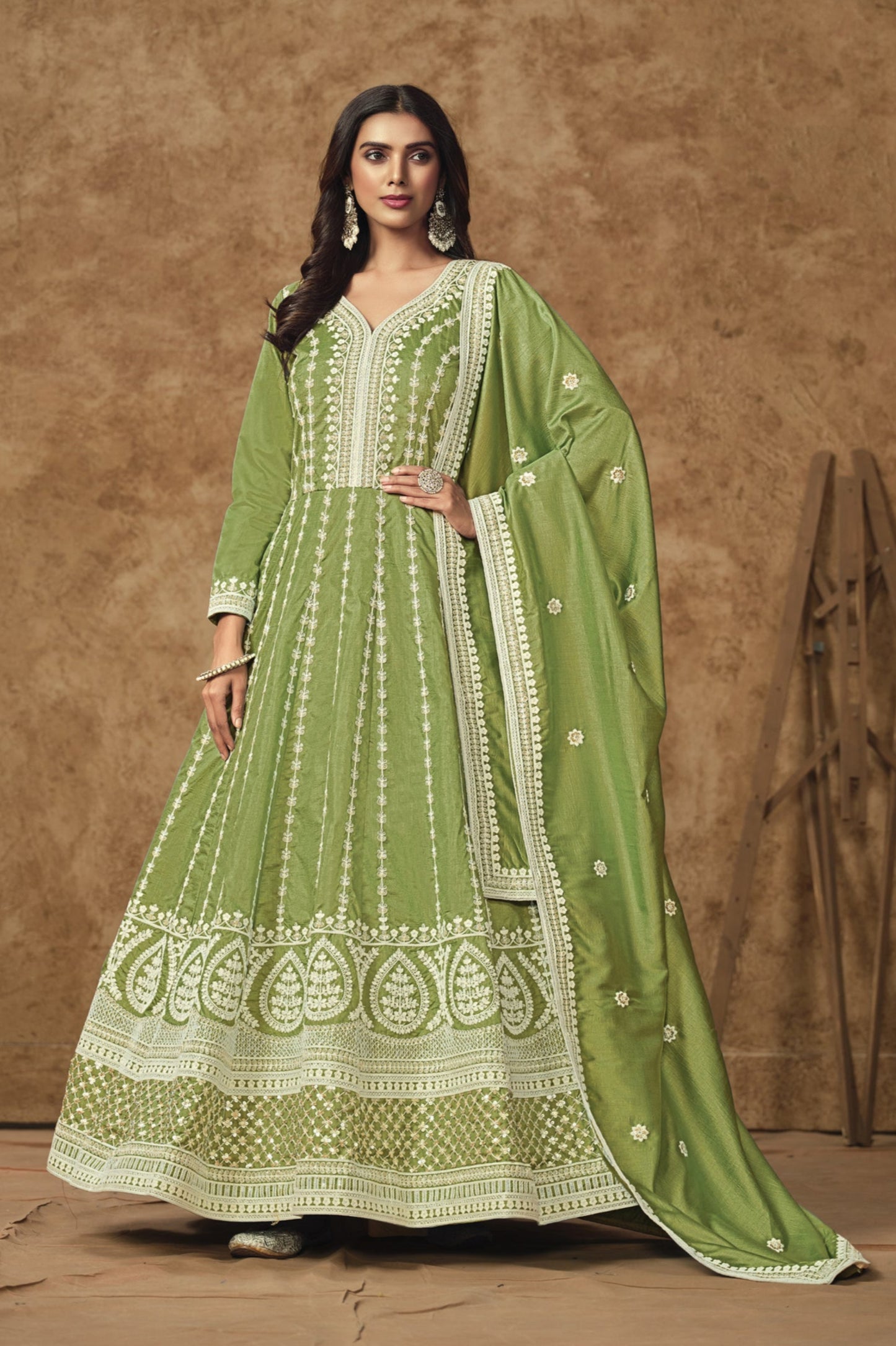 Olive Green Anarkali Gown With Embroidery For Indian Weddings