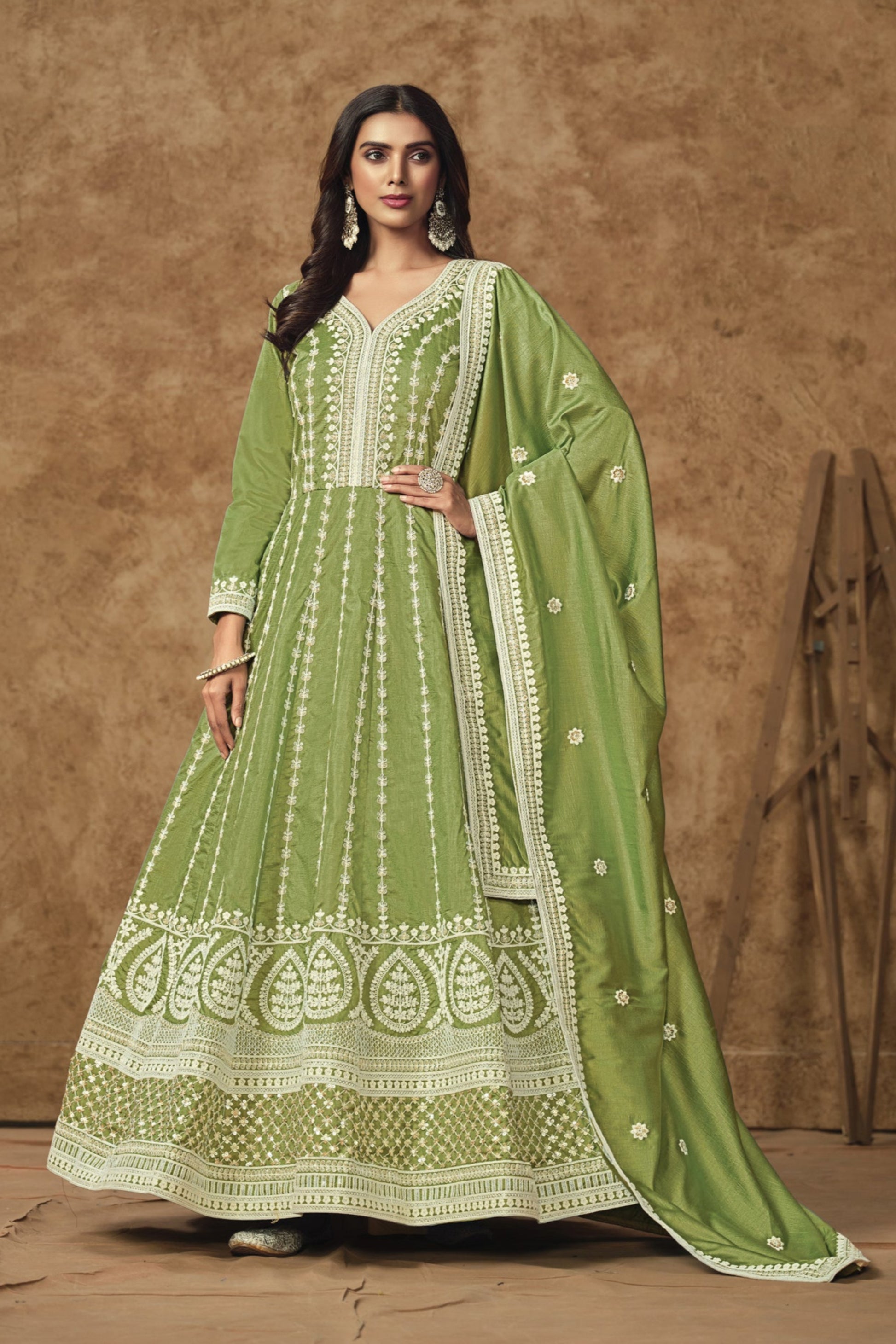 Olive Green Anarkali Gown With Embroidery For Indian Weddings
