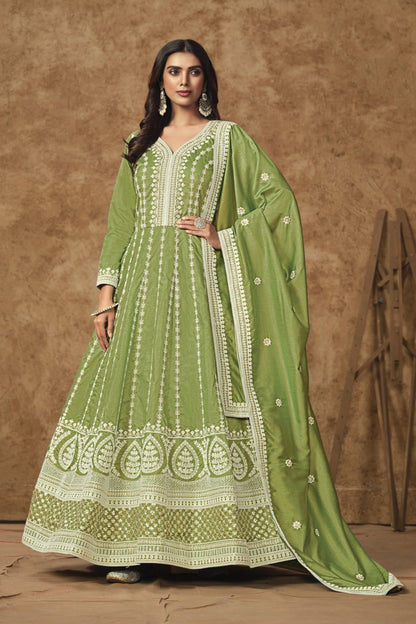 Olive Green Anarkali Gown With Embroidery For Indian Weddings