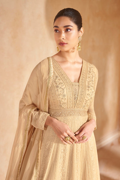 Indian Wedding Sangeet Long Flared Real Georgette Beige Anarkali Gown Suits 