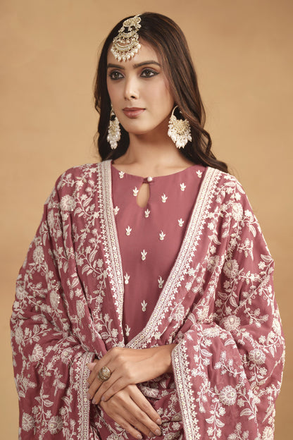 Peach Embroidered Kameez With Chinon  Dupatta - Designer Salwar Suit For Reception And Festive Occasions