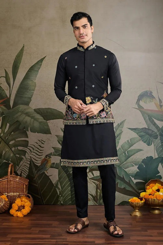 Elegant Black Color Viscose Silk Kurta Set For Man Real Mirror Work With Matching Pant