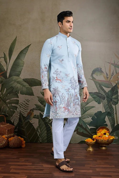 Latest Sky Blue Color Viscose Silk Kurta Set For Men Real Mirror Work With Matching Pant