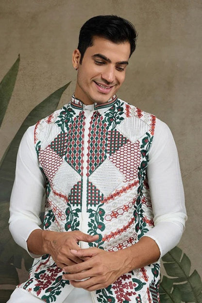 Latest White Color Viscose Silk Kurta Set For Men Real Mirror Work With Matching Pant