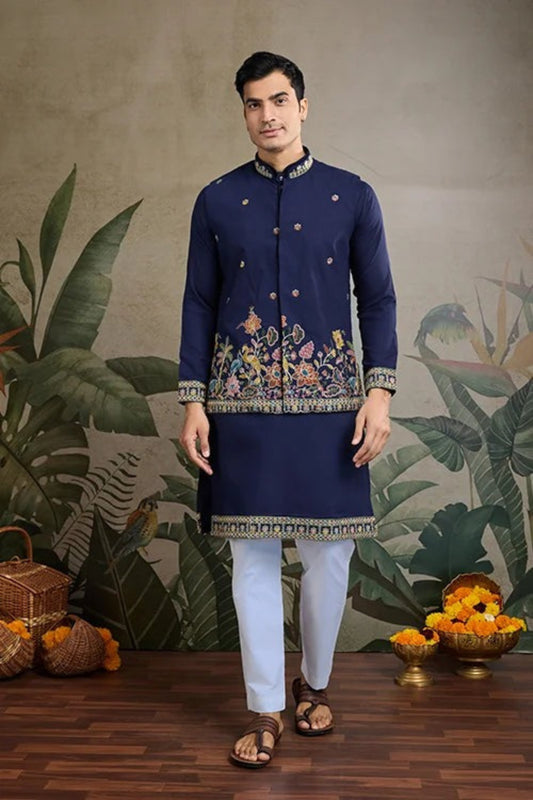 Exclusive Blue Color Viscose Silk Kurta Set For Man Real Mirror Work With Matching Pant