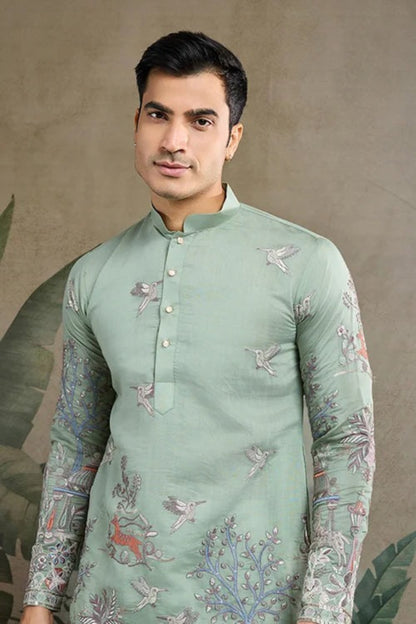 Premium Pista Green Color Viscose Silk Kurta Set For Man Real Mirror Work With Matching Pant