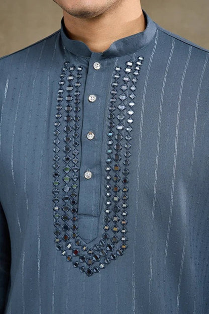 Latest Blue Color Viscose Rayon Kurta Set For Men Real Mirror Work With Matching Pant