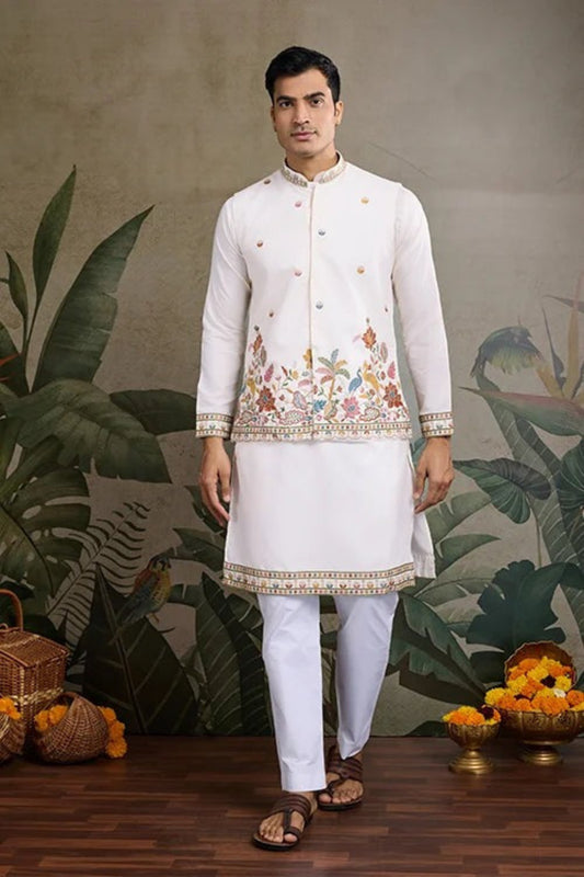 Premium White Color Viscose Silk Kurta Set For Man Real Mirror Work With Matching Pant